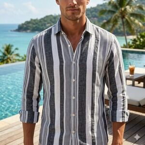 New Polo Ralph Lauren Button Down Mens L Black White Striped Linen Shirt